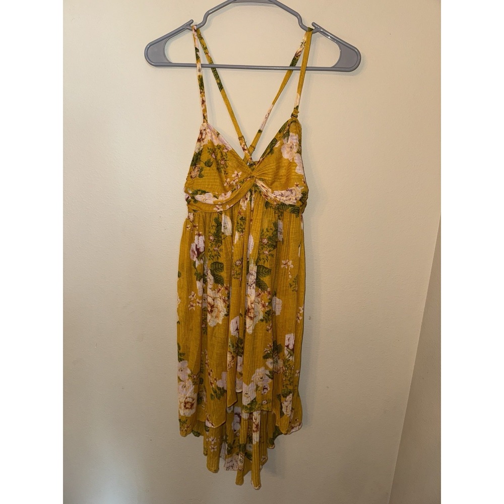 Free People Mustard Yellow Floral High-Low Mini Dress Smocked Twist Front Medium